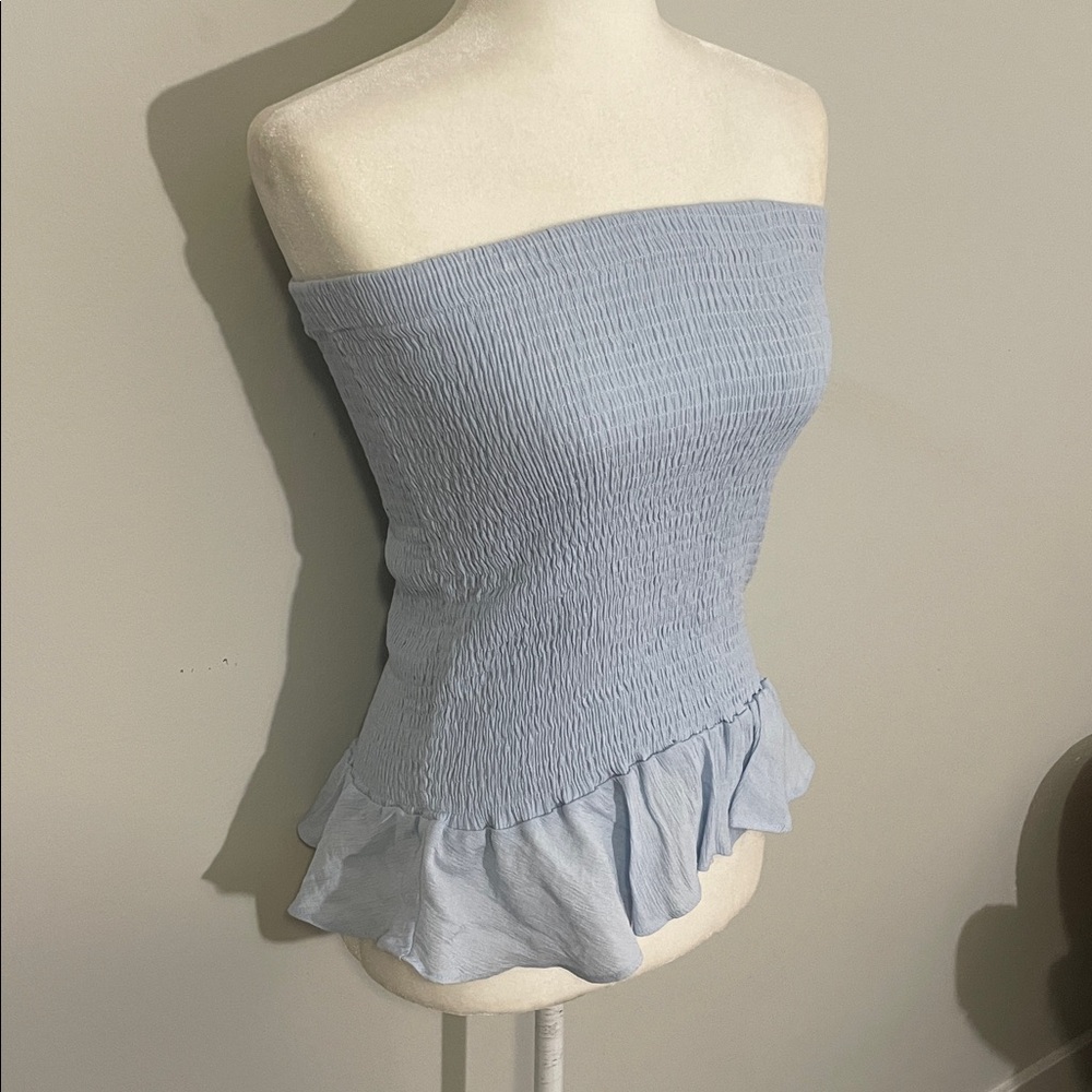 Light Blue Strapless Top with Ruffle Hem - Picture 2 of 5